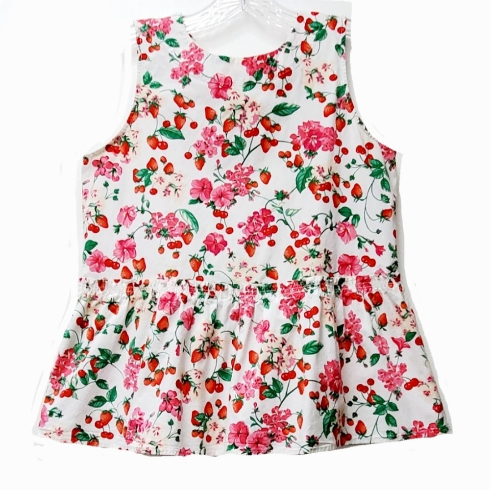 Ann Taylor White Floral Strawberries Peplum Cotton Blend Top Size Small